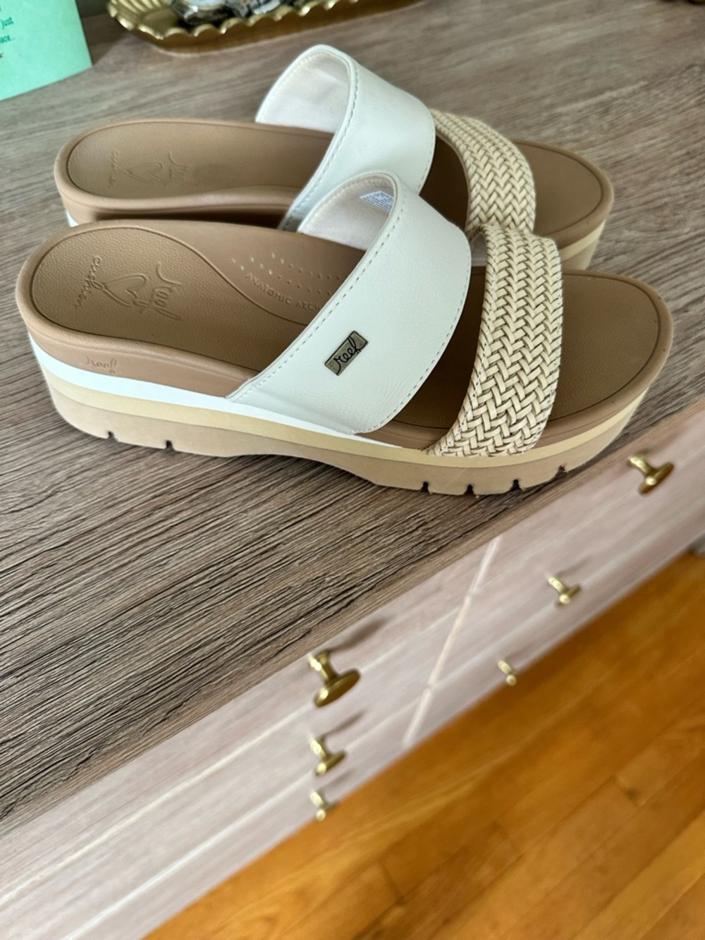 Reef White and Tan Platform Slide Sandals